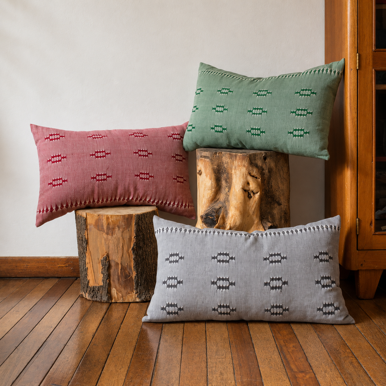 Tres riñoneras Trébol de Dilia Suárez en tonos verde manzana, rojo y gris sobre bancos de madera